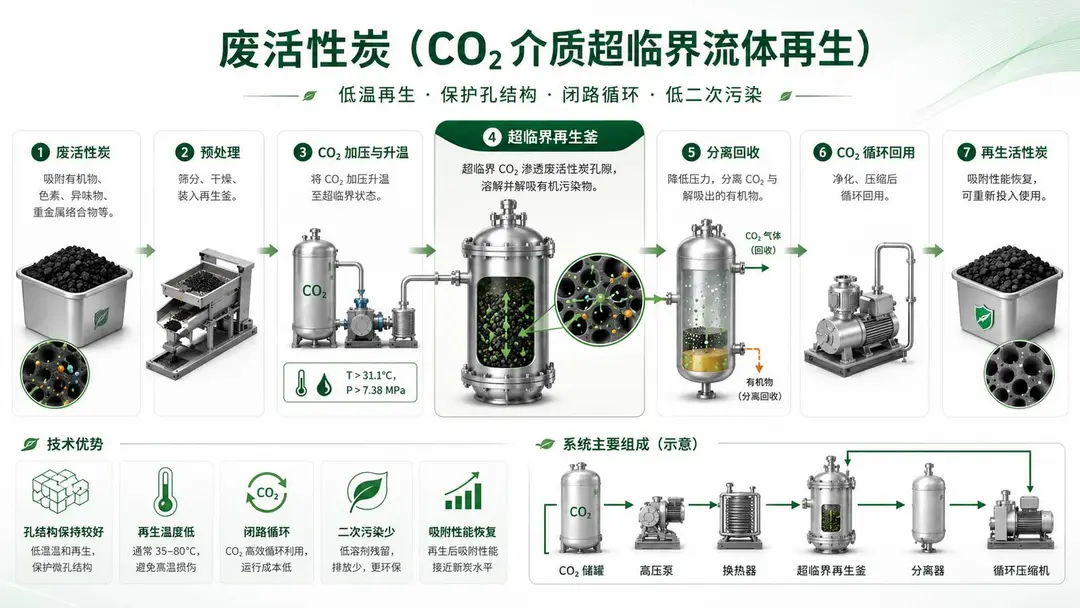 废活性炭 CO₂ 介质超临界流体再生流程:加压升温、超临界再生、分离回收与 CO₂ 循环回用