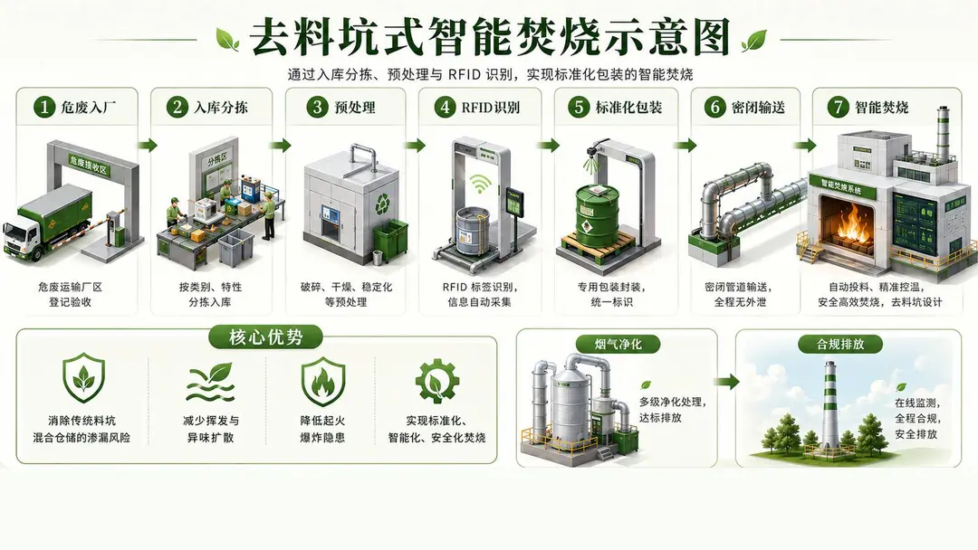 「去料坑」式智能焚烧流程:入库分拣、预处理、RFID 识别、标准化包装、密闭输送与智能焚烧